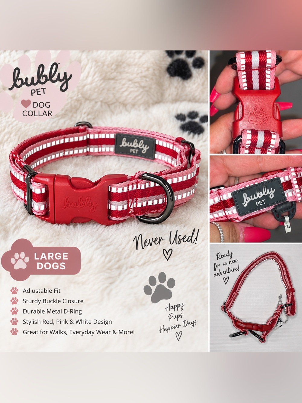 Red & Pink Adjustable Dog Collar for Large Dogs
